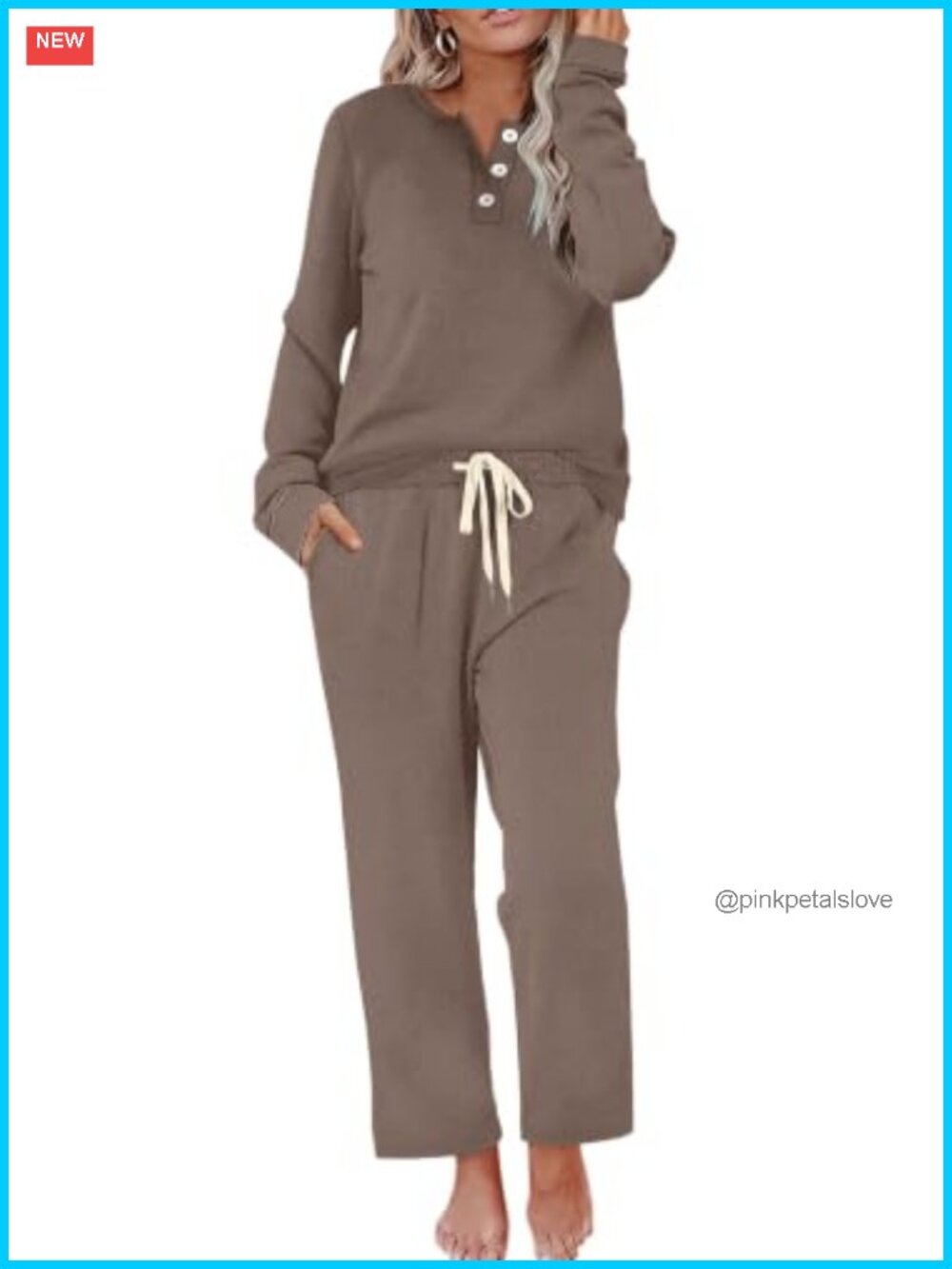 Womens Two Piece Lounge Set Button Down Henley Top Wide Leg Pants with Pockets